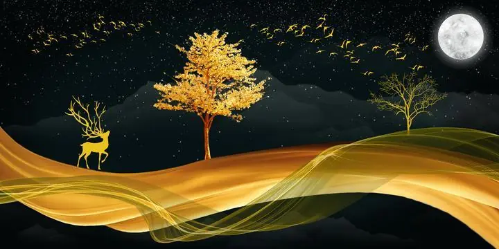 Golden Tree And Deer Landscape