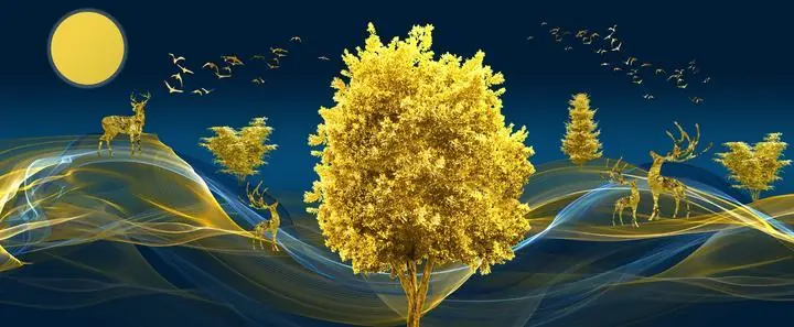 Golden Tree Deer 2, Wall Art, Old Gold, Gold Landscape