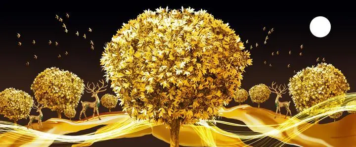 Golden Tree Deer 3, Wall Art, Old Gold, Gold Landscape