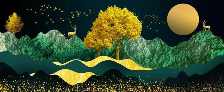Golden Tree Deer Landscape 2, Wall Art, Old Gold, Gold Landscape