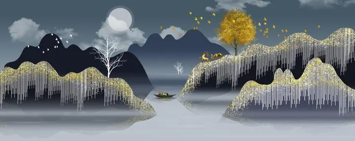 Golden Tree Mountain Landscape, Wall Art, Old Gold, Gold Landscape