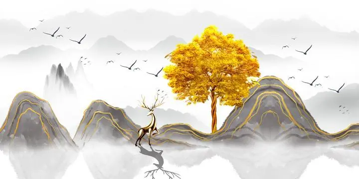 Golden Tree On Mountainside, Wall Art, Old Gold, Gold Landscape