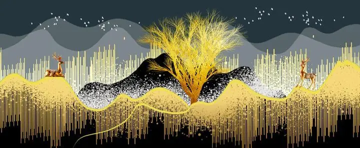 Golden Tree With Deer 3, Wall Art, Old Gold, Gold Landscape