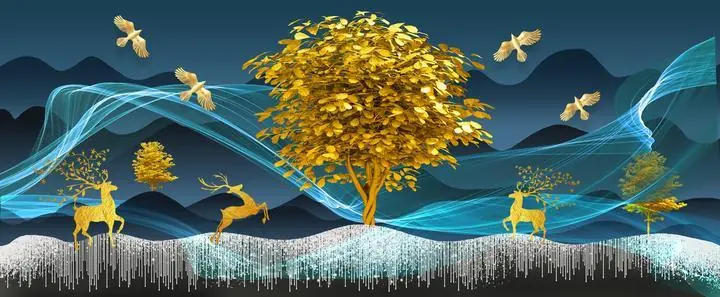 Golden Tree With Deer 8, Wall Art, Old Gold, Gold Landscape
