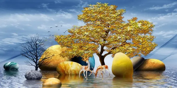 Golden Tree With Deer 9, Wall Art, Old Gold, Gold Landscape