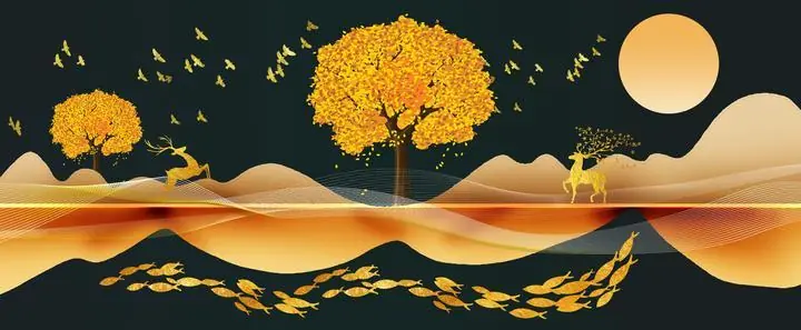 Golden Trees And Deer Landscape 2, Wall Art, Old Gold, Gold Landscape