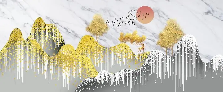 Golden Trees And Deer Landscape, Wall Art, Old Gold, Gold Landscape