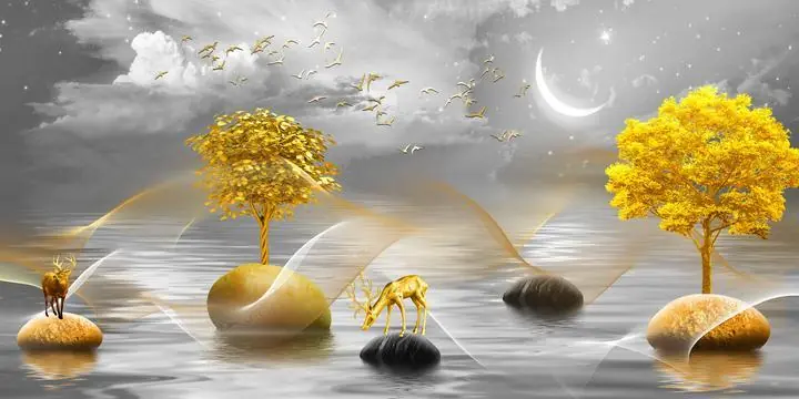 Golden Trees On Rocks, Wall Art, Old Gold, Gold Landscape