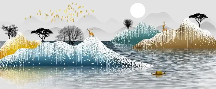 Golden Yellow Birds Brown Deer Black, Wall Art, Old Gold, Gold Landscape