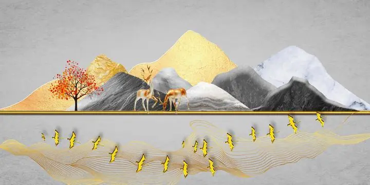 Golden Yellow Birds Landscape Art, Wall Art, Old Gold, Gold Landscape