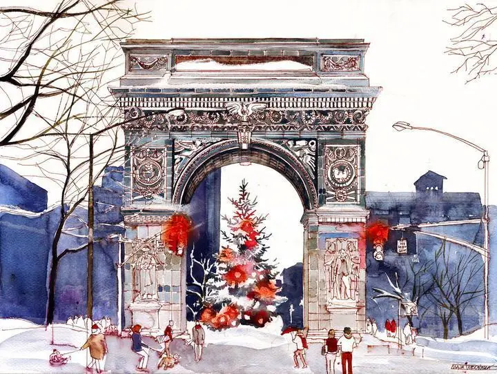 Gray Archway With Christmas Tree, Wall Art, Water Color Art, Water Color Art A