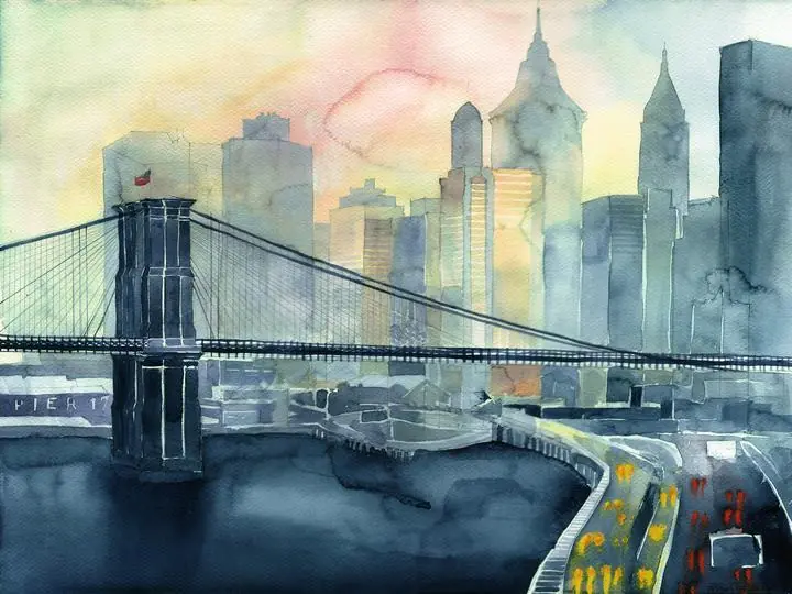 Gray Bridge City Skyline, Wall Art, Water Color Art, Water Color Art A