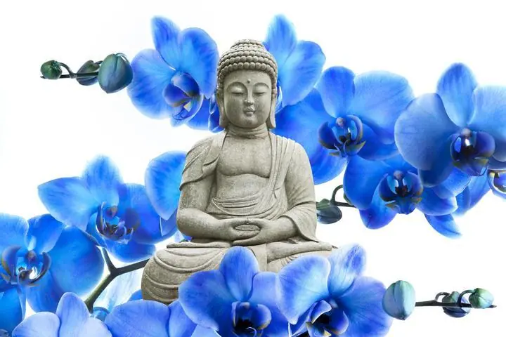 Gray Buddha Statue Blue Flowers, Wall Art, Decor Wall Art, Decor Wall Art E