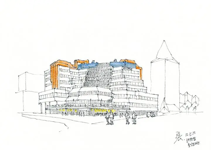 Gray Building Sketch, Wall Art, Line Art