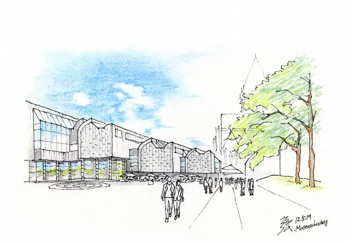 Gray Building Trees Blue Sky, Wall Art, Line Art