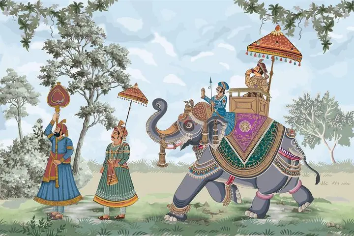 Gray Elephant With Ornate Decorations, Indian Art, Pichwai, Pichwai Landscape