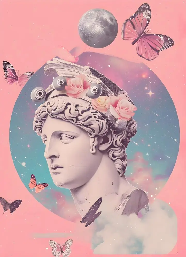 Gray Statue Head Flowers Butterflies, Aesthetic Art, Pop Art