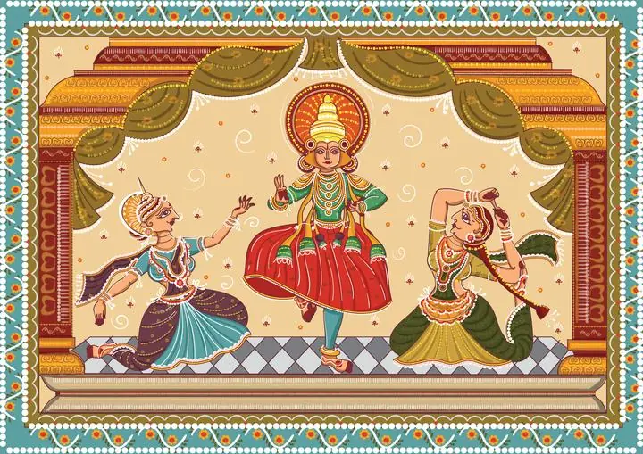 Green And Red Dance Costumes, Indian Art, Pichwai, Pichwai Landscape