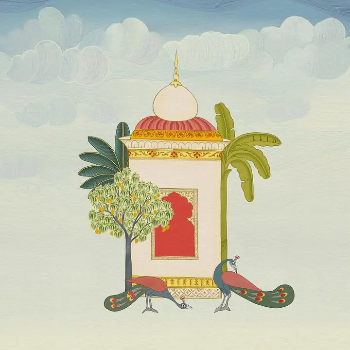 Green And Yellow Palm Tree, Indian Art, Pichwai, Pichwai Square