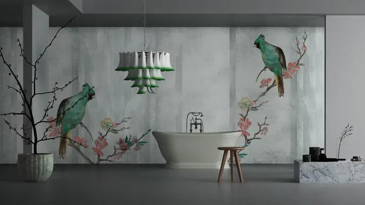 Green Birds Pink Flowers