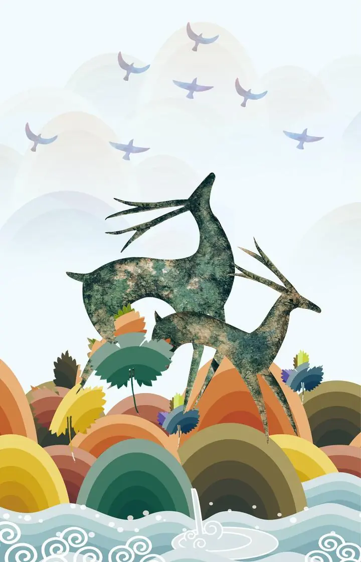 Green Deer Brown Blue Birds Yellow, Wallpaper, Old 3D