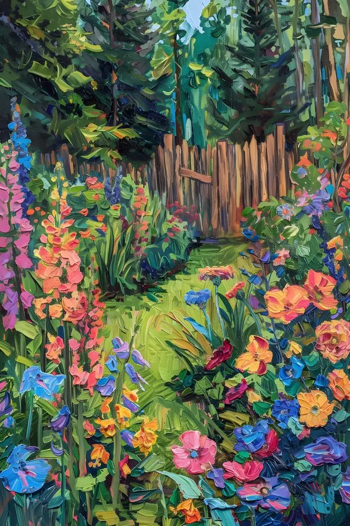 Green Flowers Pathway Gate, Aesthetic Art, Pop Art
