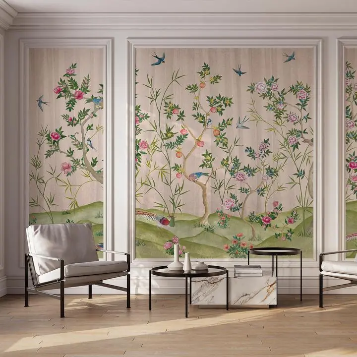 Green Grass Pink Flowers Blue Birds