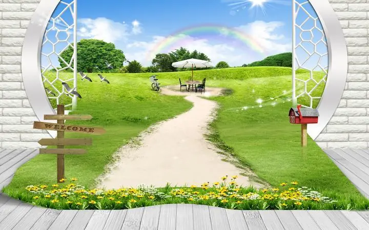 Green Grass Red Mailbox White Umbrella 2, Wallpaper, Old 3D