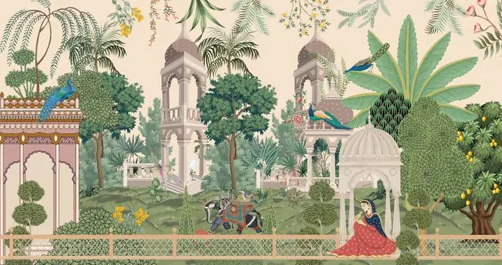 Green Indian Palace Garden, Indian Art, Pichwai, Pichwai Landscape