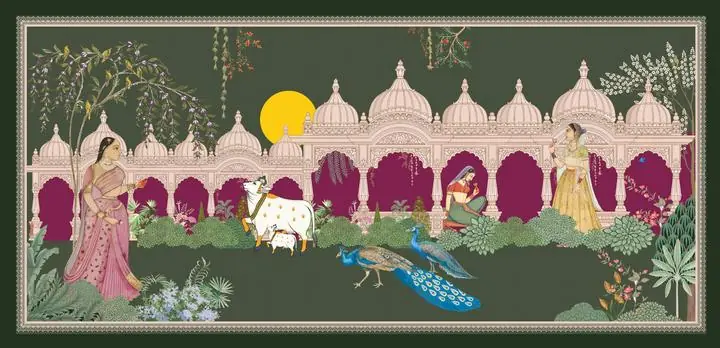 Green Indian Palace Illustration, Indian Art, Pichwai, Pichwai Landscape