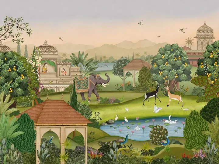 Green Landscape With Animals, Indian Art, Pichwai, Pichwai Landscape