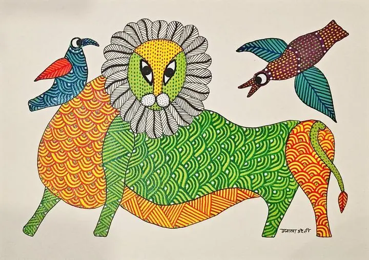 Green Lion With Birds, Indian Art, Gond Art