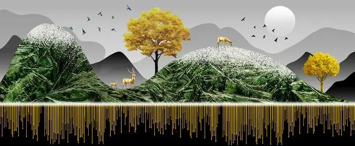 Green Mountains With Deer, Wall Art, Old Gold, Gold Landscape