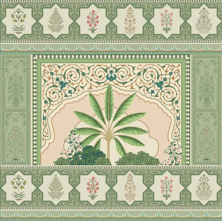 Green Palm Tree Design, Indian Art, Pichwai, Pichwai Square