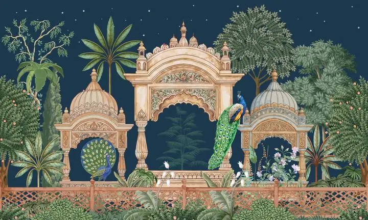 Green Peacock Indian Archway, Indian Art, Pichwai, Pichwai Landscape