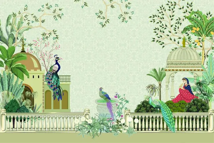 Green Peacock Indian Garden, Indian Art, Pichwai, Pichwai Landscape