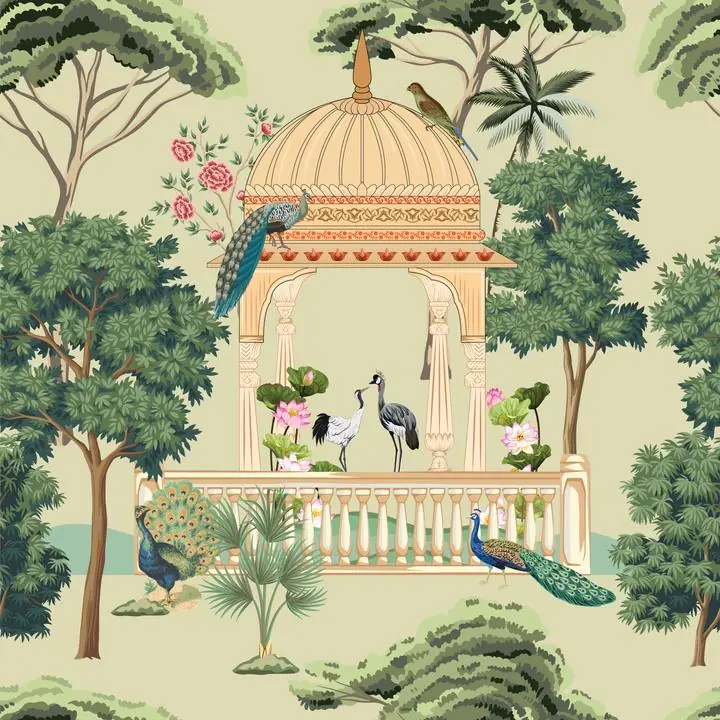 Green Trees And Peacocks, Indian Art, Pichwai, Pichwai Square