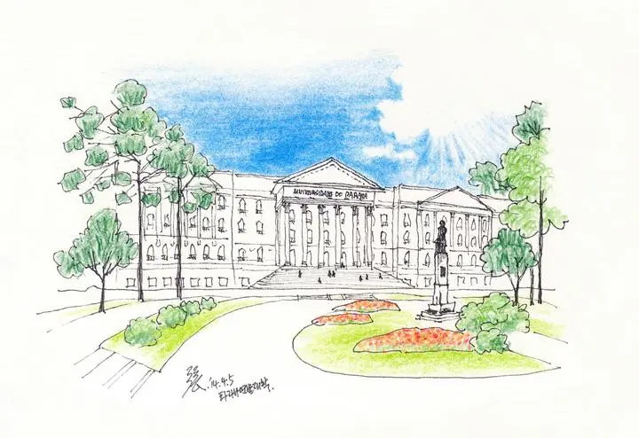 Green Trees Blue Building, Wall Art, Line Art