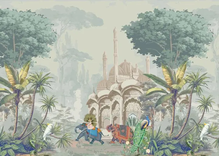 Green Tropical Palace, Indian Art, Pichwai, Pichwai Landscape