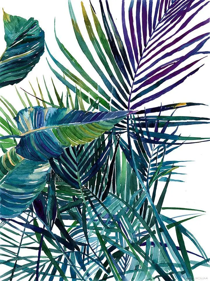 Green Tropical Palm Leaves, Wall Art, Water Color Art, Water Color Art A