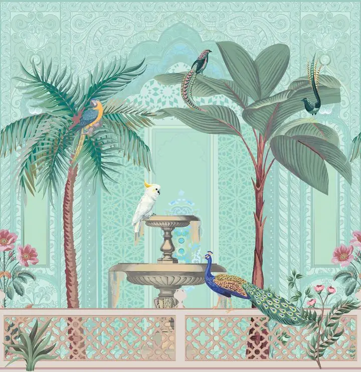 Green Tropical Palm Tree 3, Indian Art, Pichwai, Pichwai Square