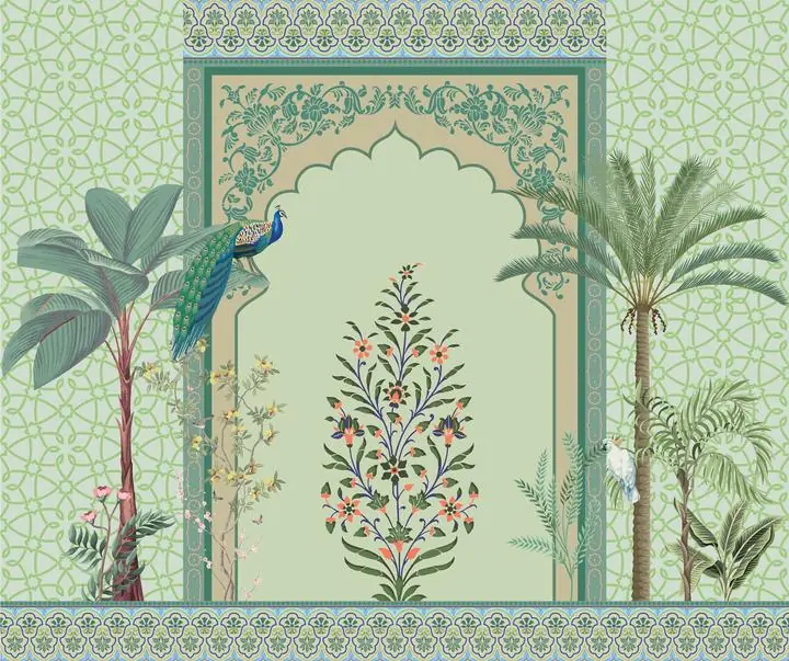 Green Tropical Palm Tree, Indian Art, Pichwai, Pichwai Landscape