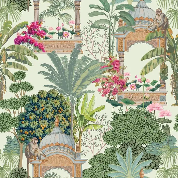 Green Tropical Palm Trees 3, Indian Art, Pichwai, Pichwai Square