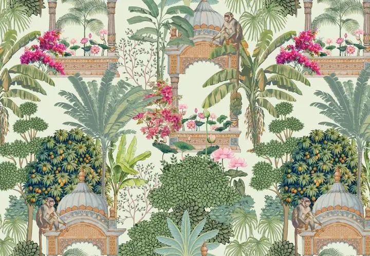 Green Tropical Palm Trees, Indian Art, Pichwai, Pichwai Landscape