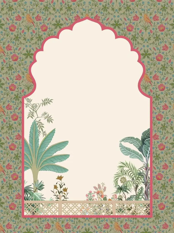 Green Tropical Plant Border, Indian Art, Pichwai, Pichwai Portrait