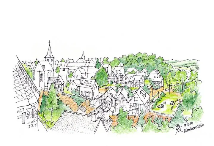 Green Village Houses, Wall Art, Line Art