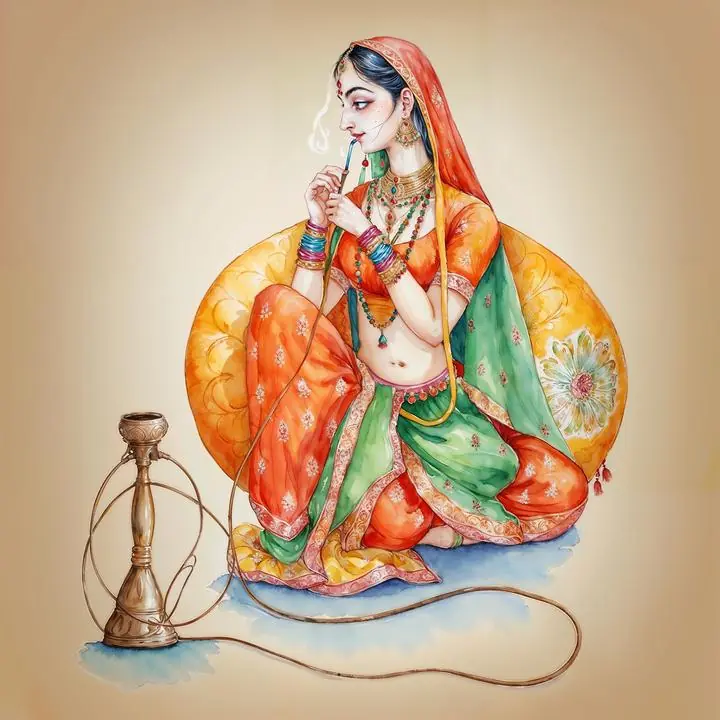 Green Woman Hookah Pipe, Indian Art, Pichwai, Pichwai Square
