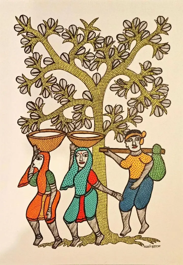 Green Woman Red Clothes Tree, Indian Art, Gond Art