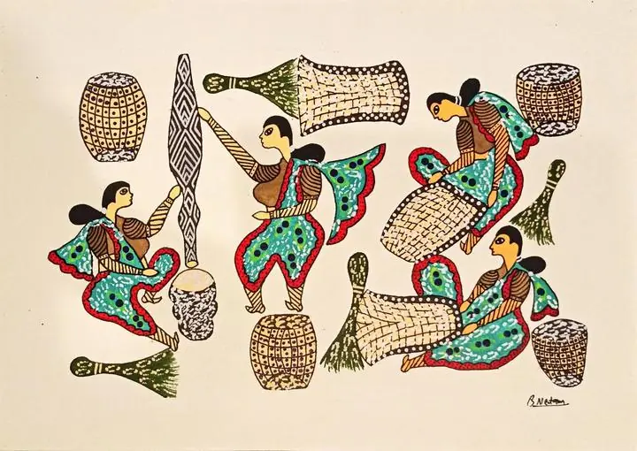 Green Women Weaving Baskets, Indian Art, Gond Art