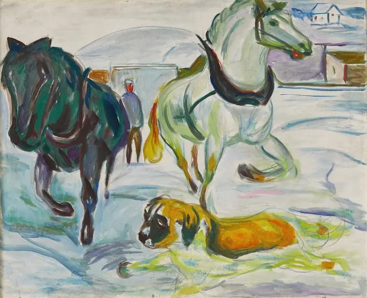 Horse Team and a St. Bernhard in the Snow (1923)